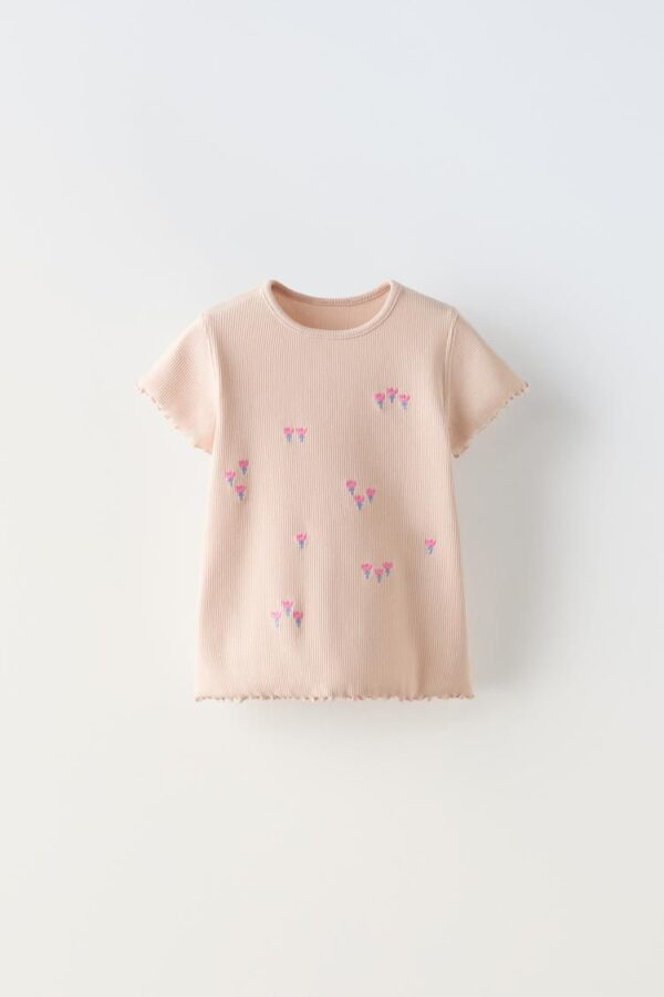 Camiseta Infantil Beige con Bordado Floral zara