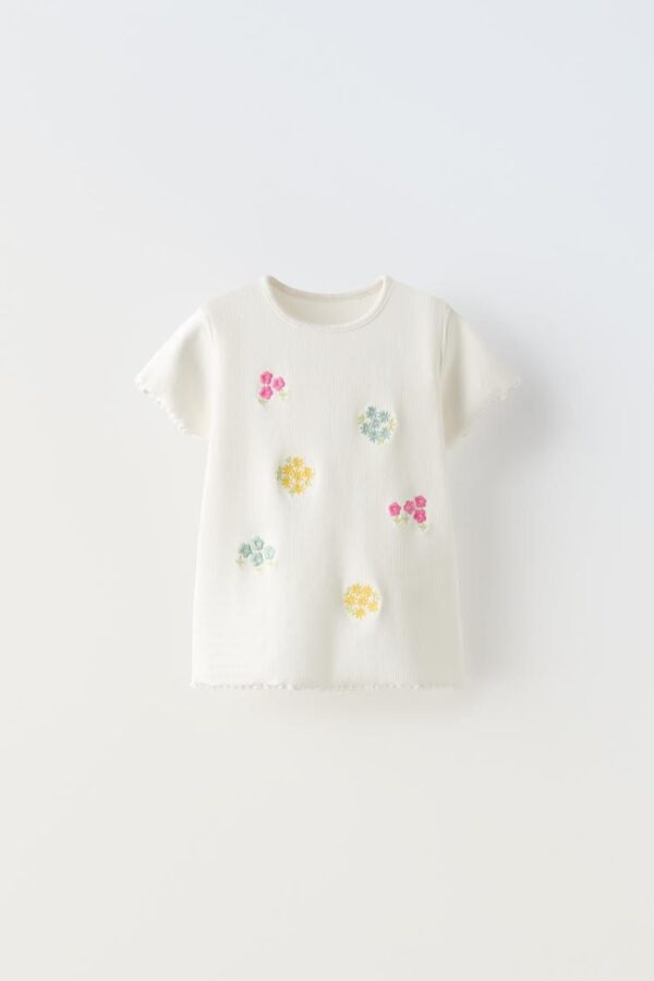 Camiseta Infantil Blanca con Bordado Floral zara