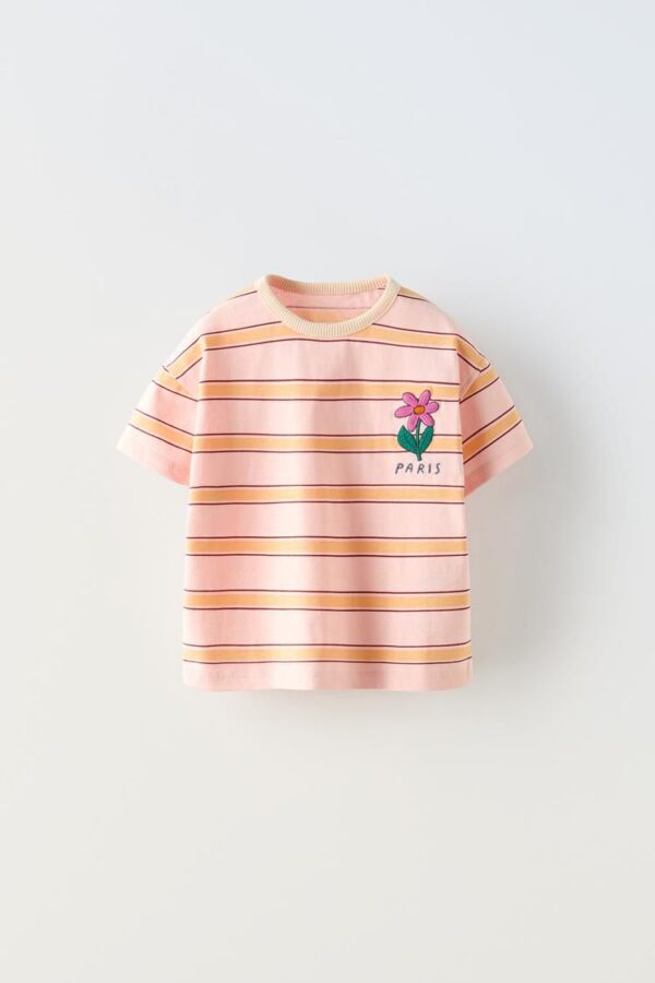 Camiseta Infantil Rayada con Bordado de Flor y "Paris" zara